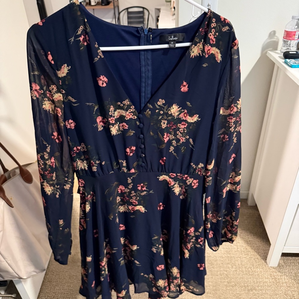 Lulus Floral Navy Long Sleeve Dress size MED